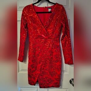VENUS Red Sz 2 Sequin Long-Sleeve Wrap Mini Dress